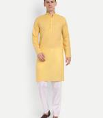 Yellow cotton printed full sleeve collar neck kameez kurta for men