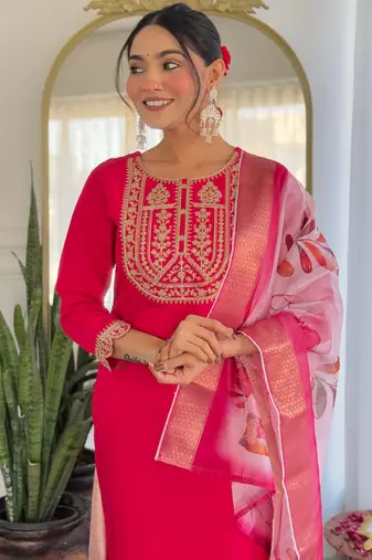Pink color viscosee rayon embrodidered readymade kurta set