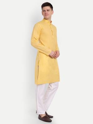 Yellow cotton printed full sleeve collar neck kameez kurta for men 2