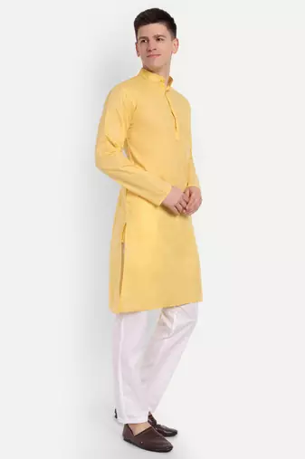 Yellow cotton printed full sleeve collar neck kameez kurta for men