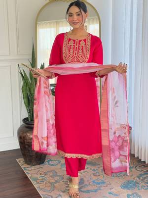 Pink color viscosee rayon embrodidered readymade kurta set 4