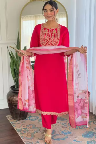 Pink color viscosee rayon embrodidered readymade kurta set