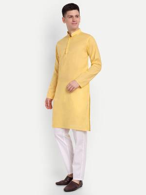 Yellow cotton printed full sleeve collar neck kameez kurta for men 3