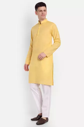 Yellow cotton printed full sleeve collar neck kameez kurta for men