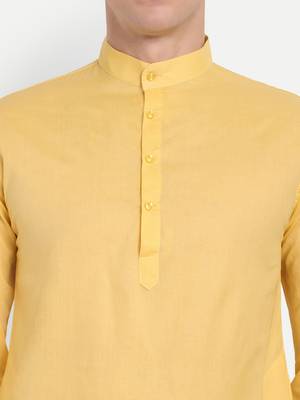Yellow cotton printed full sleeve collar neck kameez kurta for men 4