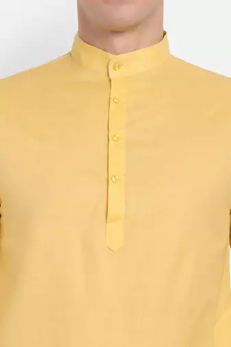 Yellow cotton printed full sleeve collar neck kameez kurta for men