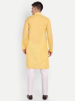 Yellow cotton printed full sleeve collar neck kameez kurta for men 5