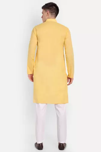 Yellow cotton printed full sleeve collar neck kameez kurta for men