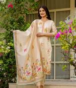 Beige color viscose assam silk fabric printed with beads work girlie kurta set with dupatta
