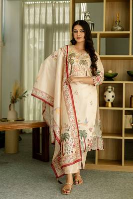 Beige color viscosee assam silk printed with beads kurta set with dupatta 1
