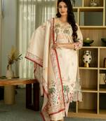 Beige color viscose assam silk fabric printed with beads work girlie kurta set with dupatta