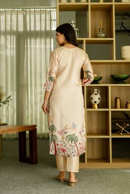 Beige color viscosee assam silk printed with beads kurta set with dupatta 2