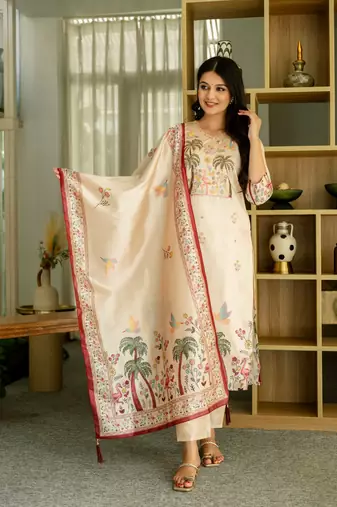 Beige color viscosee assam silk printed with beads kurta set with dupatta