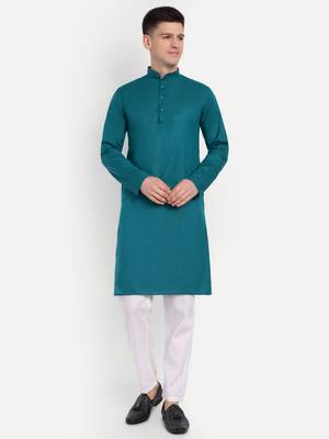 Dark Blue cotton printed full sleeve collar neck kameez kurta for men 1