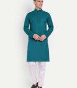 Dark Blue cotton printed full sleeve collar neck kameez kurta for men