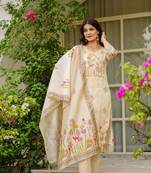 Beige color viscose assam silk fabric printed with beads work girlie kurta set with dupatta