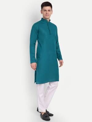 Dark Blue cotton printed full sleeve collar neck kameez kurta for men 2