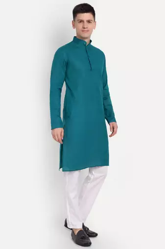 Dark Blue cotton printed full sleeve collar neck kameez kurta for men
