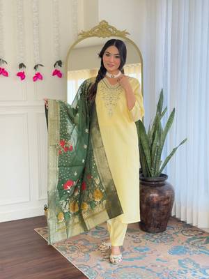 Yellow color viscosee chanderi embroidery with printed kurta set with dupatta 1