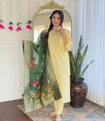 Yellow color viscose chanderi fabric embroidery work with printed girlie kurta set with dupatta