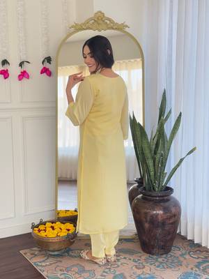 Yellow color viscosee chanderi embroidery with printed kurta set with dupatta 2