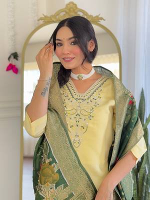 Yellow color viscosee chanderi embroidery with printed kurta set with dupatta 3