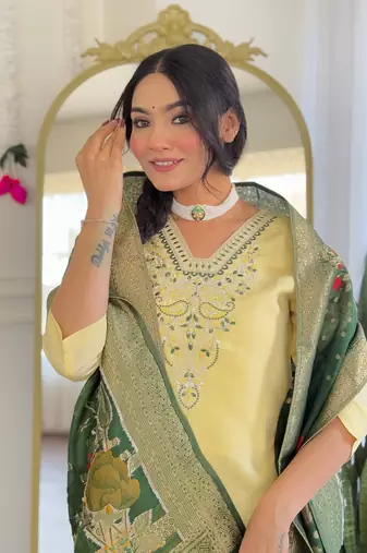 Yellow color viscosee chanderi embroidery with printed kurta set with dupatta