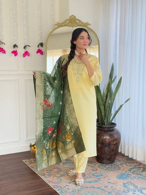 Yellow color viscosee chanderi embroidery with printed kurta set with dupatta 4