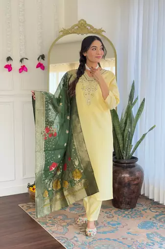 Yellow color viscosee chanderi embroidery with printed kurta set with dupatta