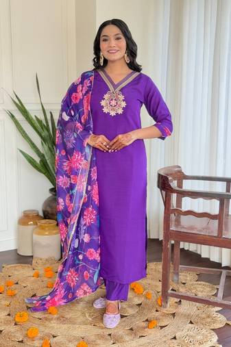 Violet color viscose chanderi fabric embroidery work with printed girlie kurta set with dupatta