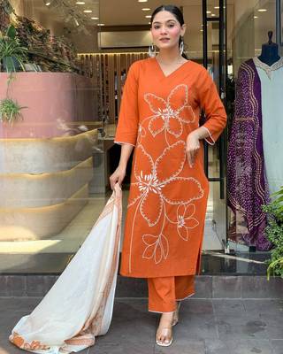 Orange color viscosee chanderi embroidery with printed kurta set with dupatta 1