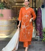 Orange color viscose chanderi fabric embroidery work with printed girlie kurta set with dupatta