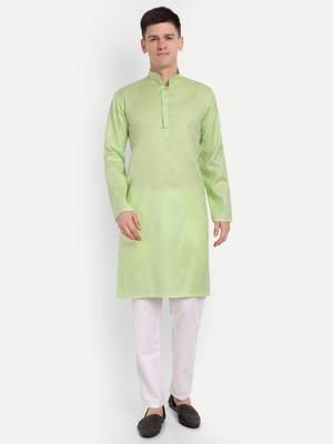 Green cotton printed full sleeve collar neck kameez kurta for Men 1