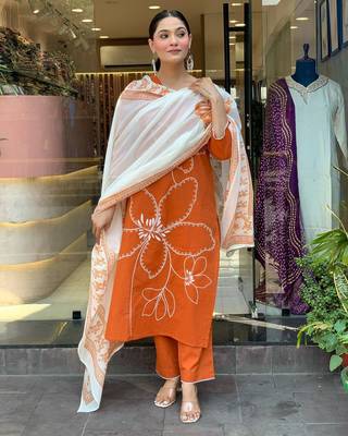 Orange color viscosee chanderi embroidery with printed kurta set with dupatta 2