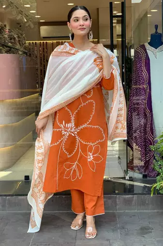 Orange color viscosee chanderi embroidery with printed kurta set with dupatta