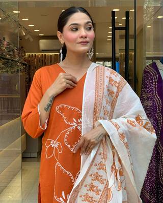 Orange color viscosee chanderi embroidery with printed kurta set with dupatta 3