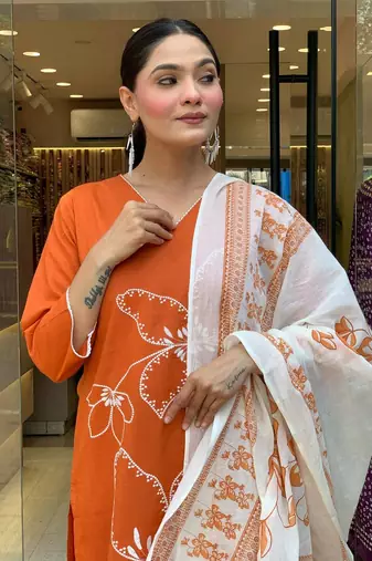 Orange color viscosee chanderi embroidery with printed kurta set with dupatta