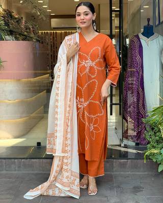 Orange color viscosee chanderi embroidery with printed kurta set with dupatta 4