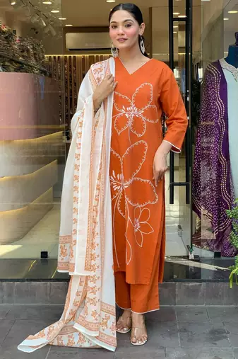 Orange color viscosee chanderi embroidery with printed kurta set with dupatta