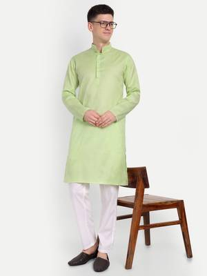 Green cotton printed full sleeve collar neck kameez kurta for Men 2