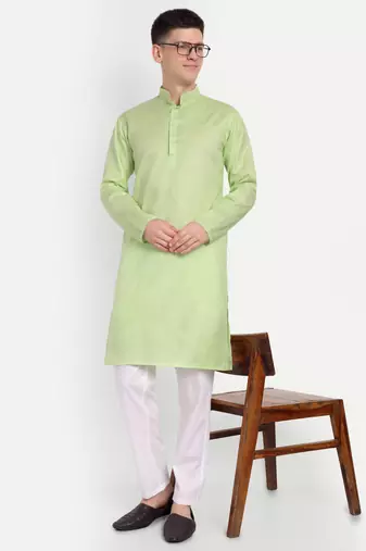 Green cotton printed full sleeve collar neck kameez kurta for Men