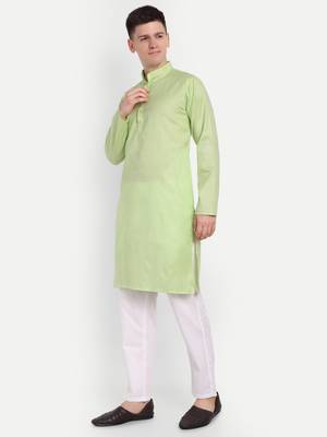 Green cotton printed full sleeve collar neck kameez kurta for Men 3