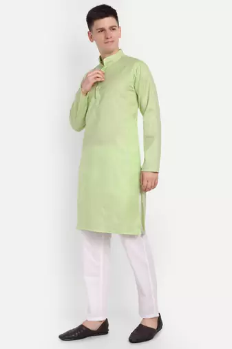 Green cotton printed full sleeve collar neck kameez kurta for Men
