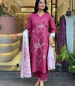 Pink color viscose chanderi fabric embroidery work with printed girlie kurta set with dupatta