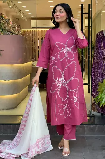 Pink color viscosee chanderi embroidery with printed kurta set with dupatta