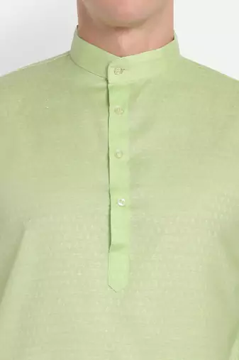 Green cotton printed full sleeve collar neck kameez kurta for Men