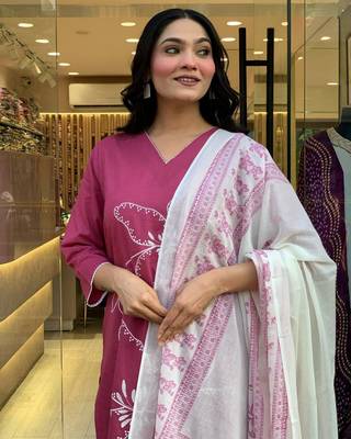 Pink color viscosee chanderi embroidery with printed kurta set with dupatta 3