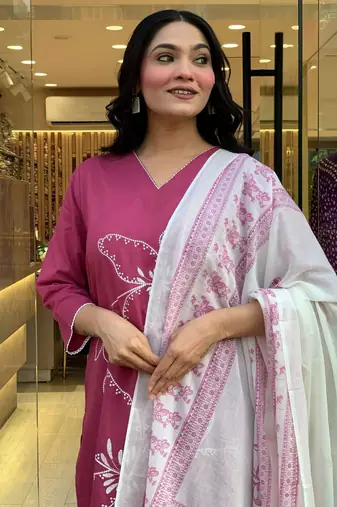 Pink color viscosee chanderi embroidery with printed kurta set with dupatta