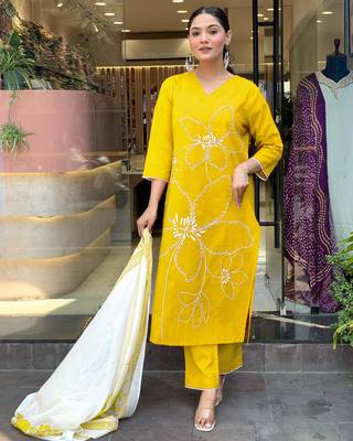 Yellow color viscosee chanderi embroidery with printed kurta set with dupatta 1