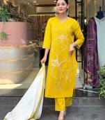 Yellow color viscose chanderi fabric embroidery work with printed girlie kurta set with dupatta